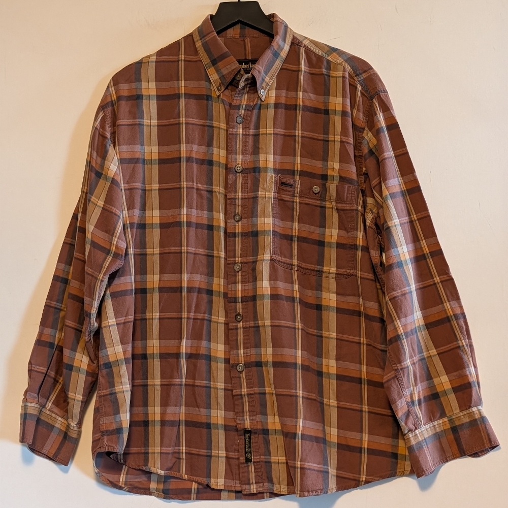Timberland Weathergear Lg Plaid Button Down Shirt Rust Brown Outdoor Classic